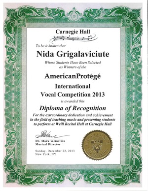 Soprano Nida Grigalaviciute - Carnegie Hall Diploma of Recognition